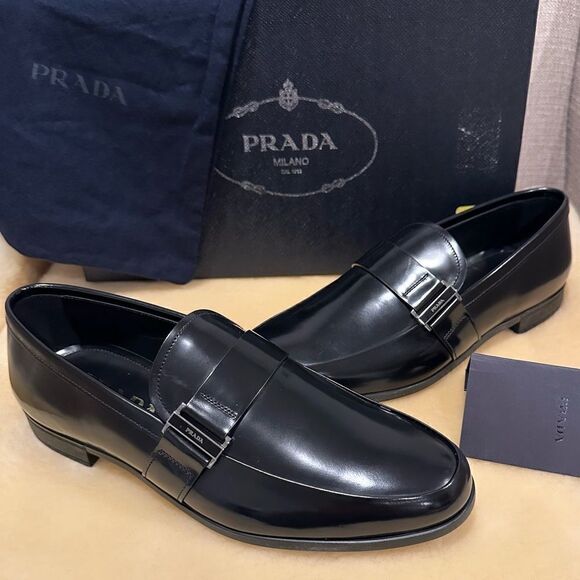 Prada Spazzolato Leather Mens Bit Loafer Shoes size 5,5 EU 38,5-39 black - Picture 1 of 12